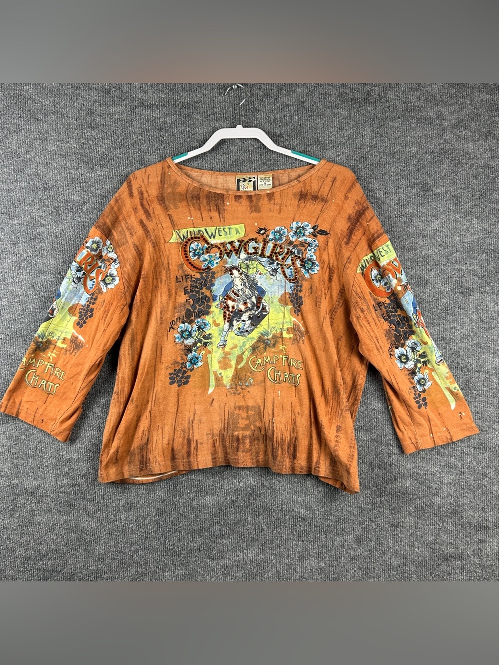 Take Two Brown Western Cowgirl Horse Sequin Graphic 3/4 Sleeve Top Size 1X Plus